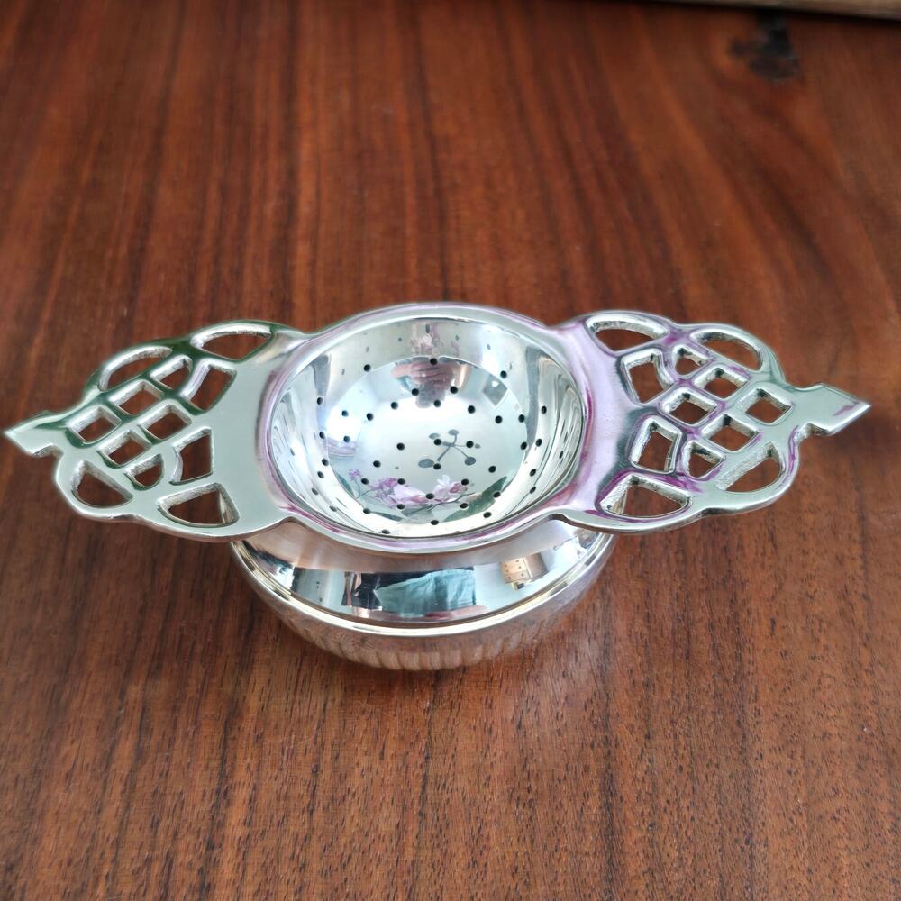 Vintage Silver Plated Tea Strainer Filigree Handles Drip Bowl Victorian Cottage